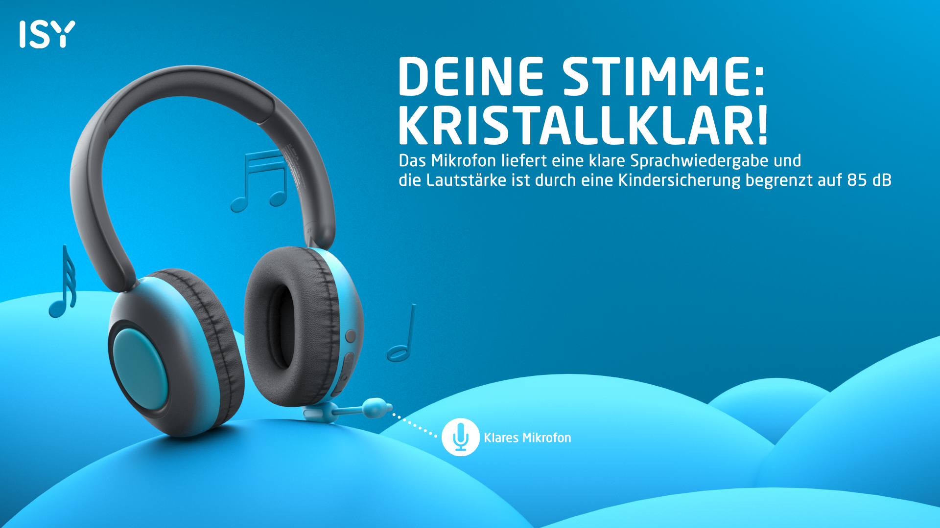 Blaue und schwarze Kopfhörer mit Noten vor blauem Hintergrund. Text: 'Ihre Stimme: kristallklar!'