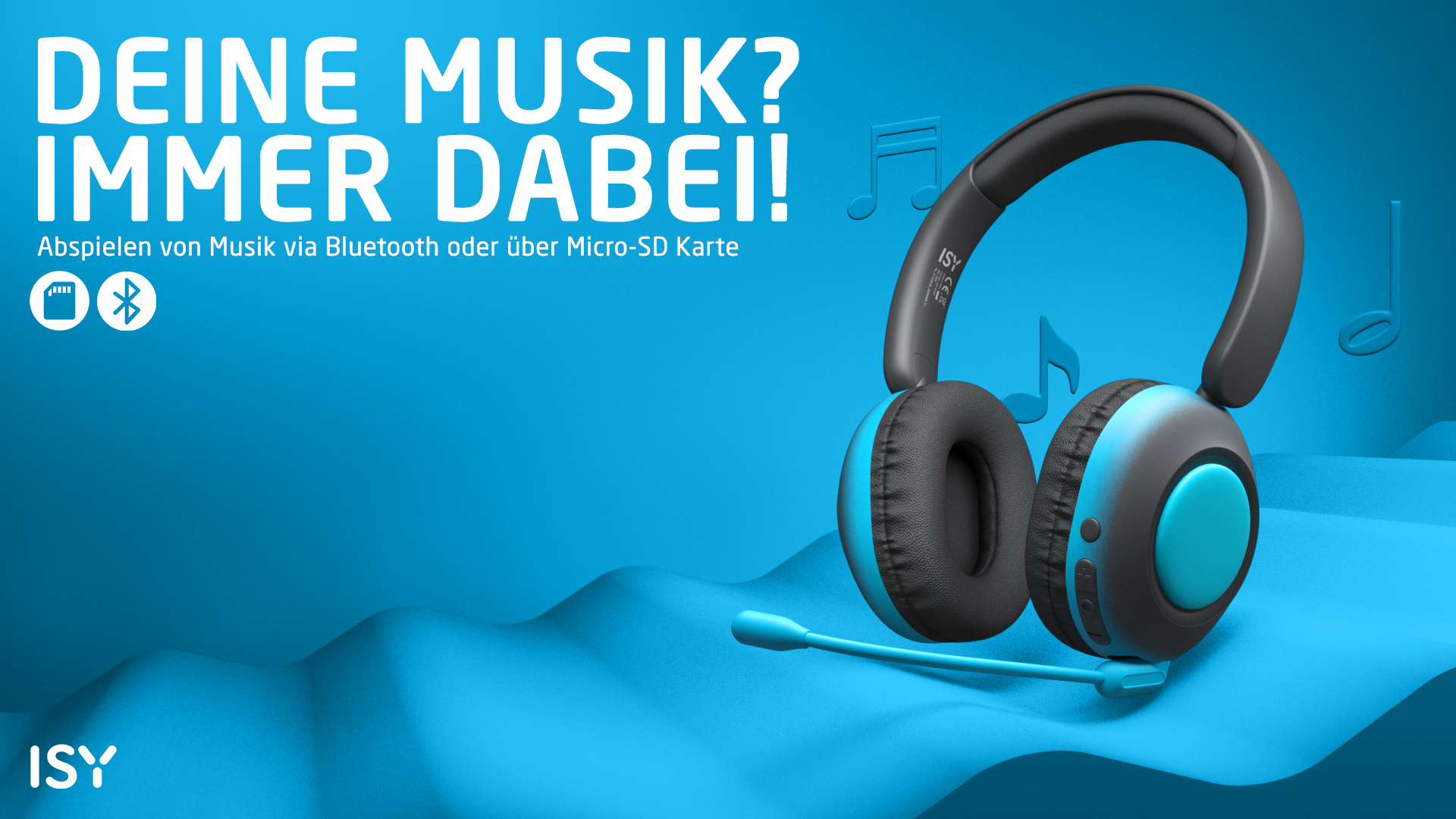 Kopfhörer mit Mikrofon, blau und schwarz, auf blauem Hintergrund mit Noten und Text.