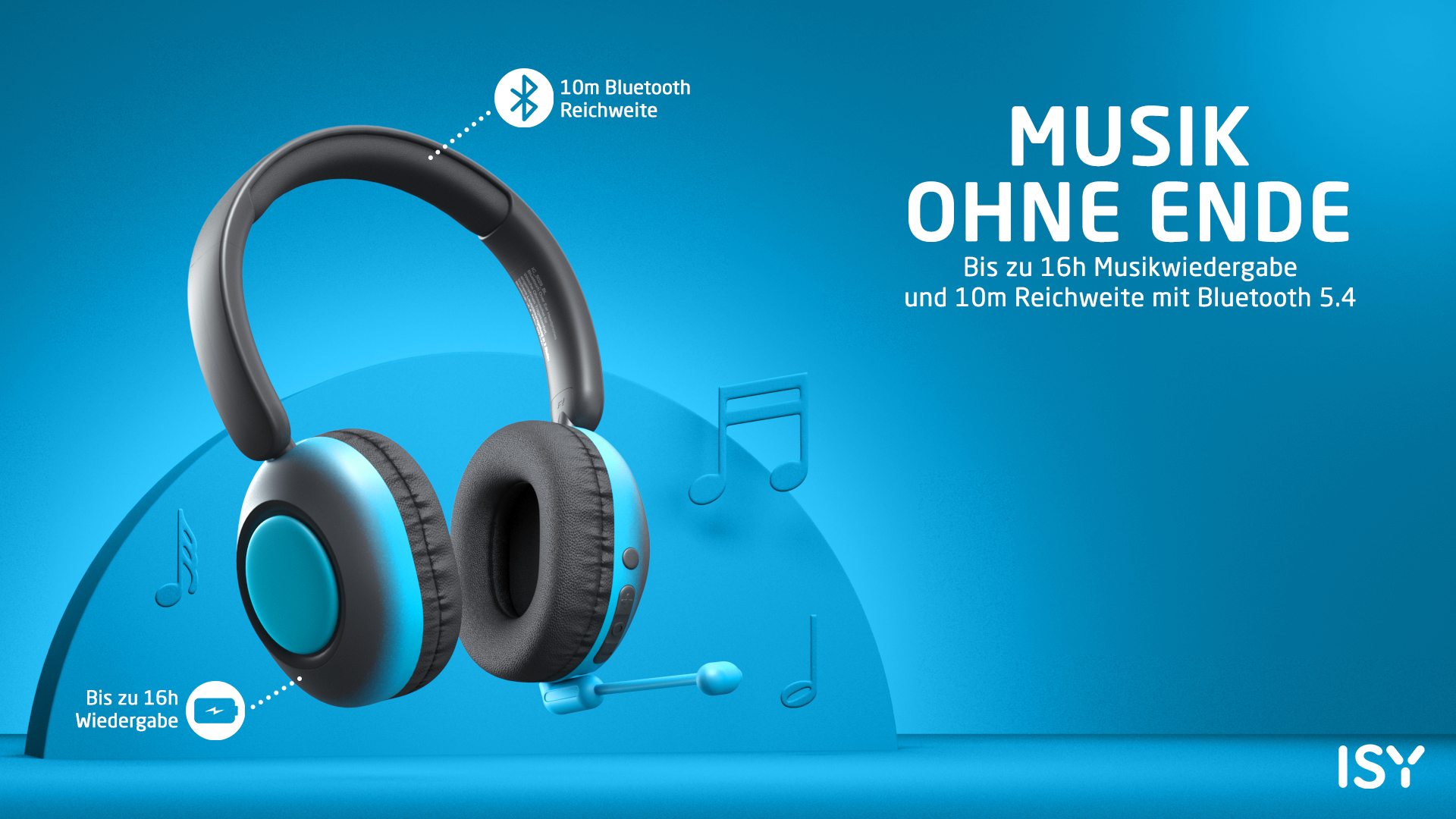 Kopfhörer mit blauen Akzenten. Text sagt Musik ohne Ende, 16h Wiedergabe und 10m Bluetooth-Reichweite. Blauer Hintergrund.