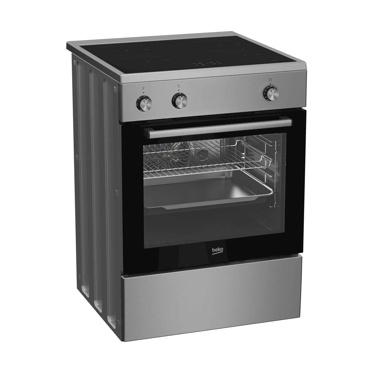 Viene mostrato un forno Beko argentato. Ha una porta in vetro nero, tre manopole e un piano cottura. L'interno mostra griglie e un vassoio.