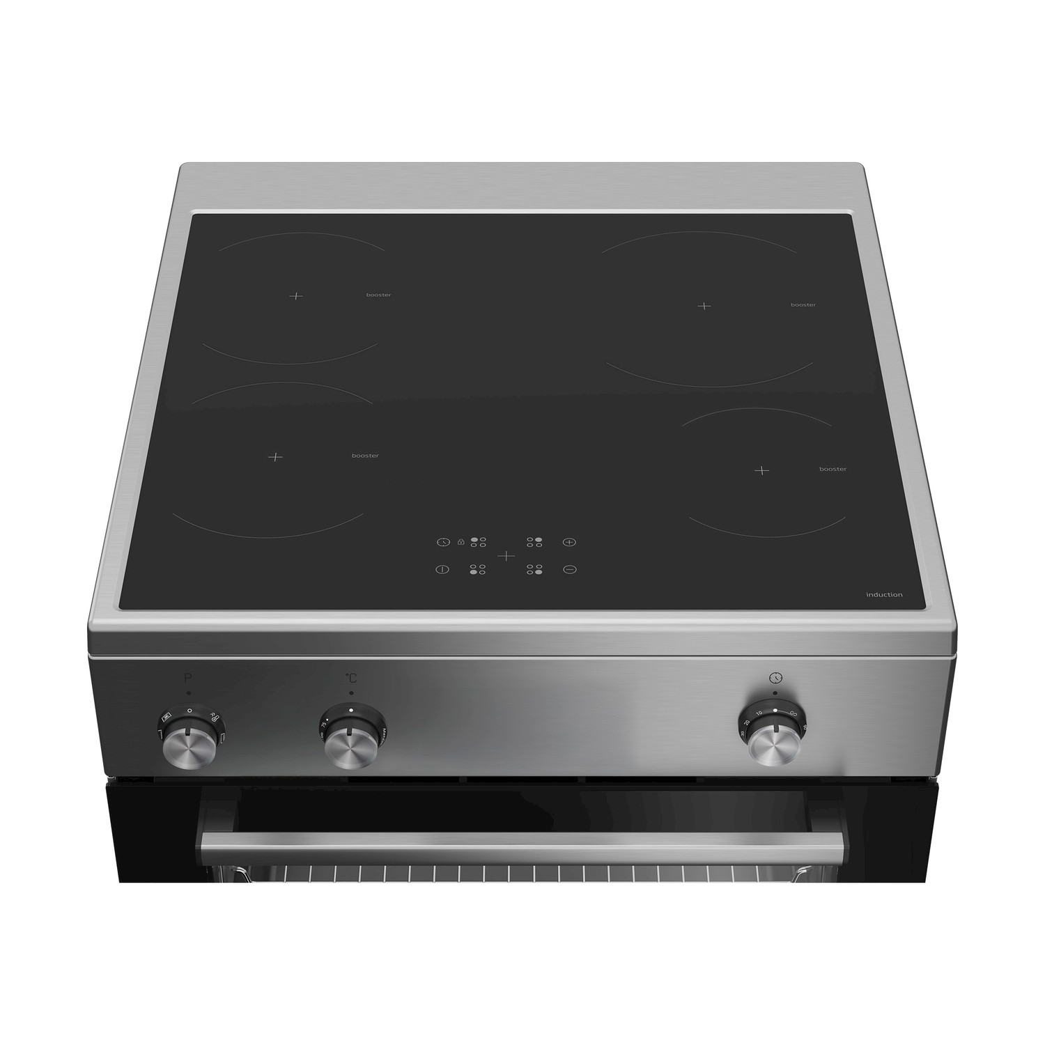 Un piano cottura a induzione in acciaio inossidabile con quattro zone cottura, manopole di controllo e una porta del forno. Il piano ha comandi touch.