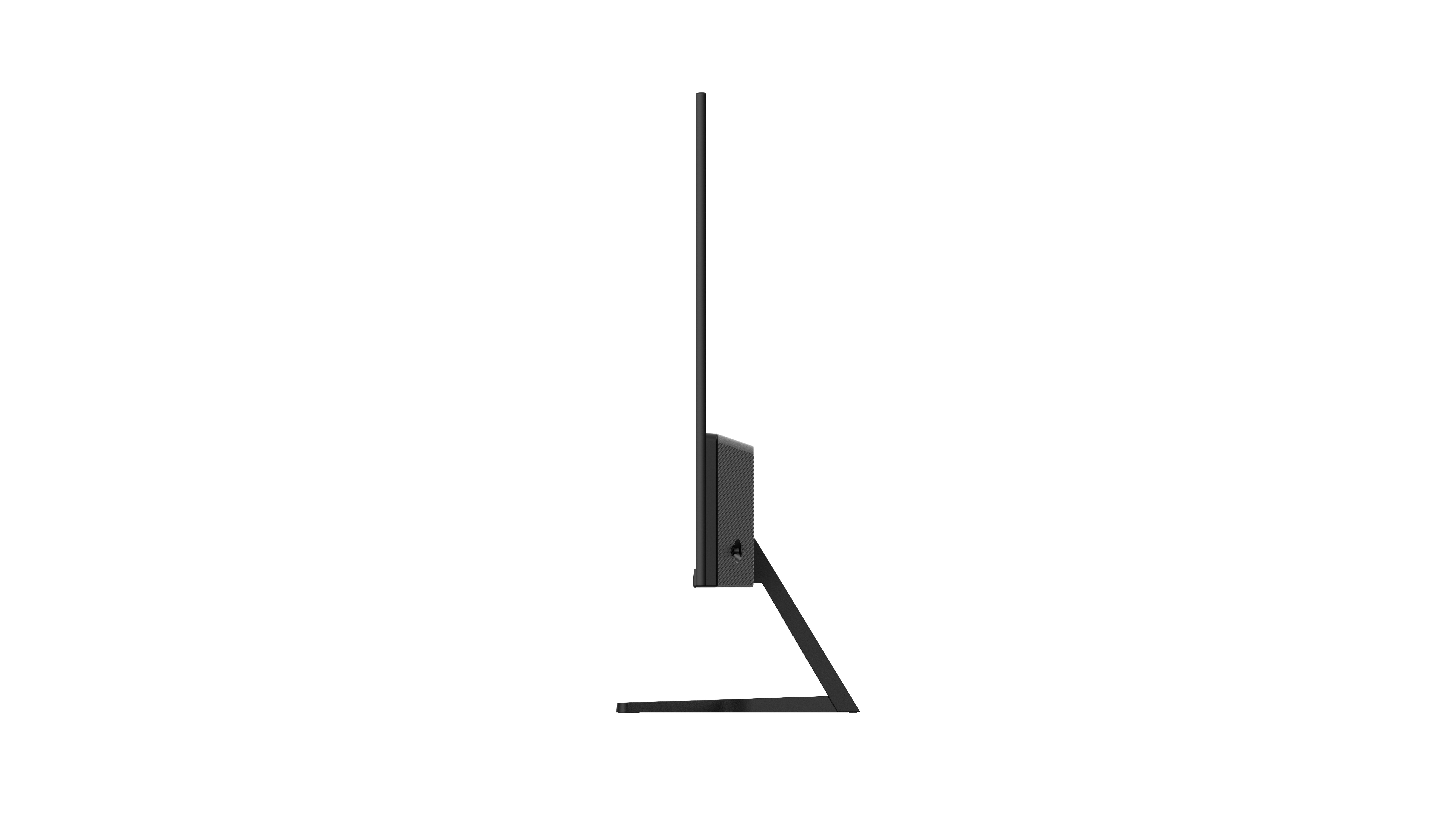 Seitenansicht eines schwarzen Computermonitors auf weißem Hintergrund. Der Monitor wird von einem schwarzen Ständer getragen.