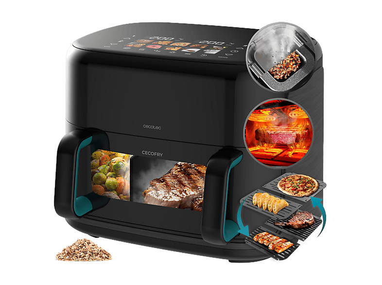 Freidora de aire - Cecotec Cecofry&Grill Smokin’Prime 11000, 2800 W, Funcion ahumador, Doble Cesta, 11 L, grill, Negro