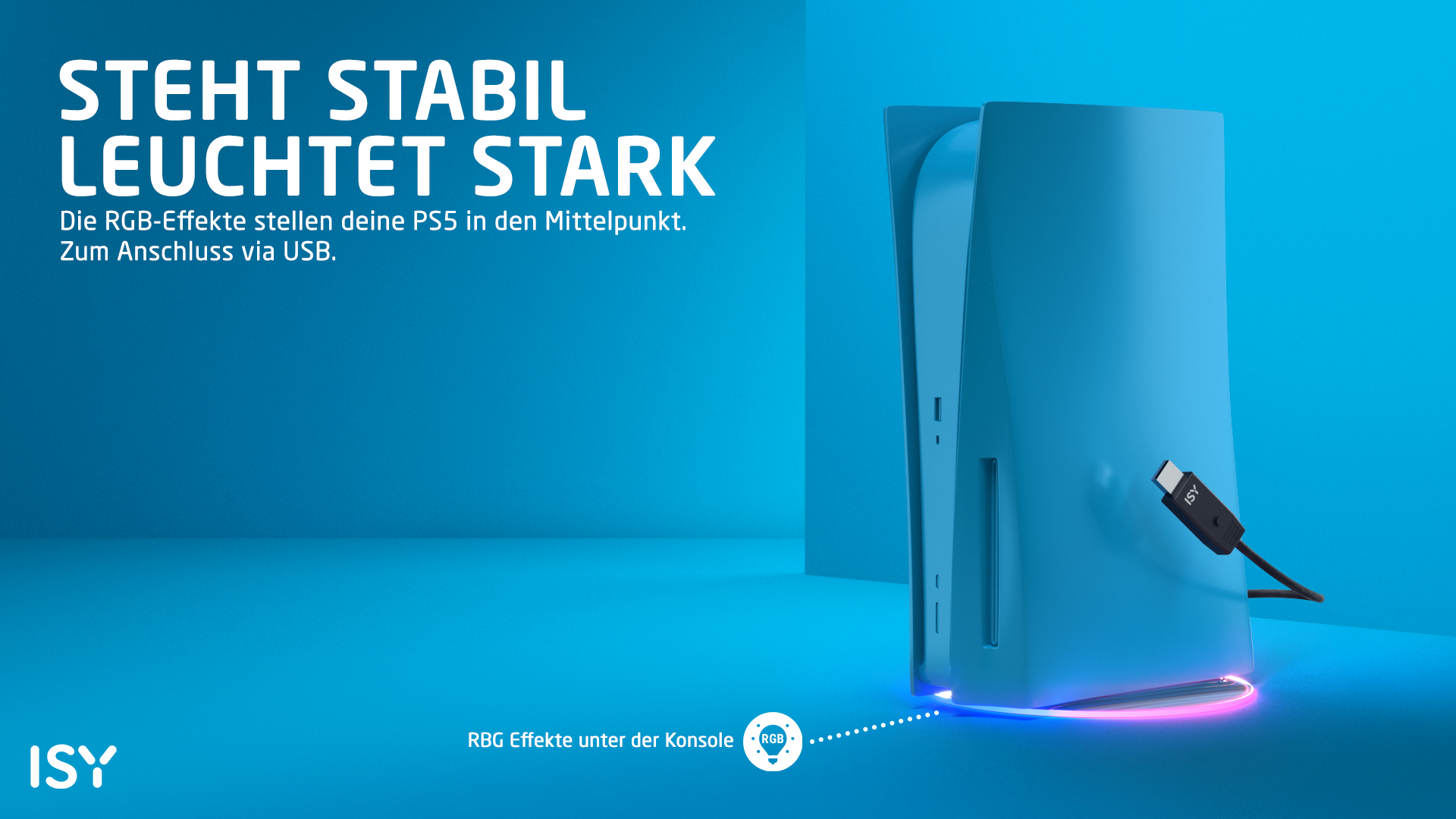 Blaue PS5-Konsole mit USB-Kabel. Text: STABIL, LEUCHTET STARK. RGB-Effekte unter der Konsole.
