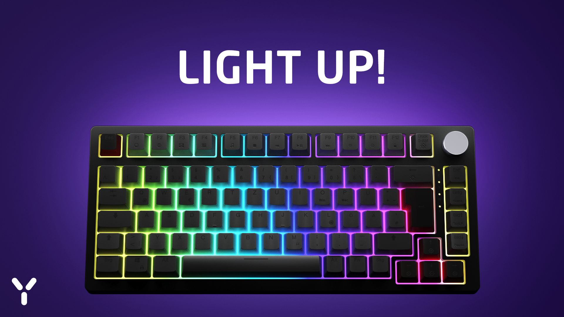 Eine schwarze Tastatur mit Regenbogen-Hintergrundbeleuchtung. Darüber steht "LIGHT UP!" in Weiß auf einem lila Hintergrund.