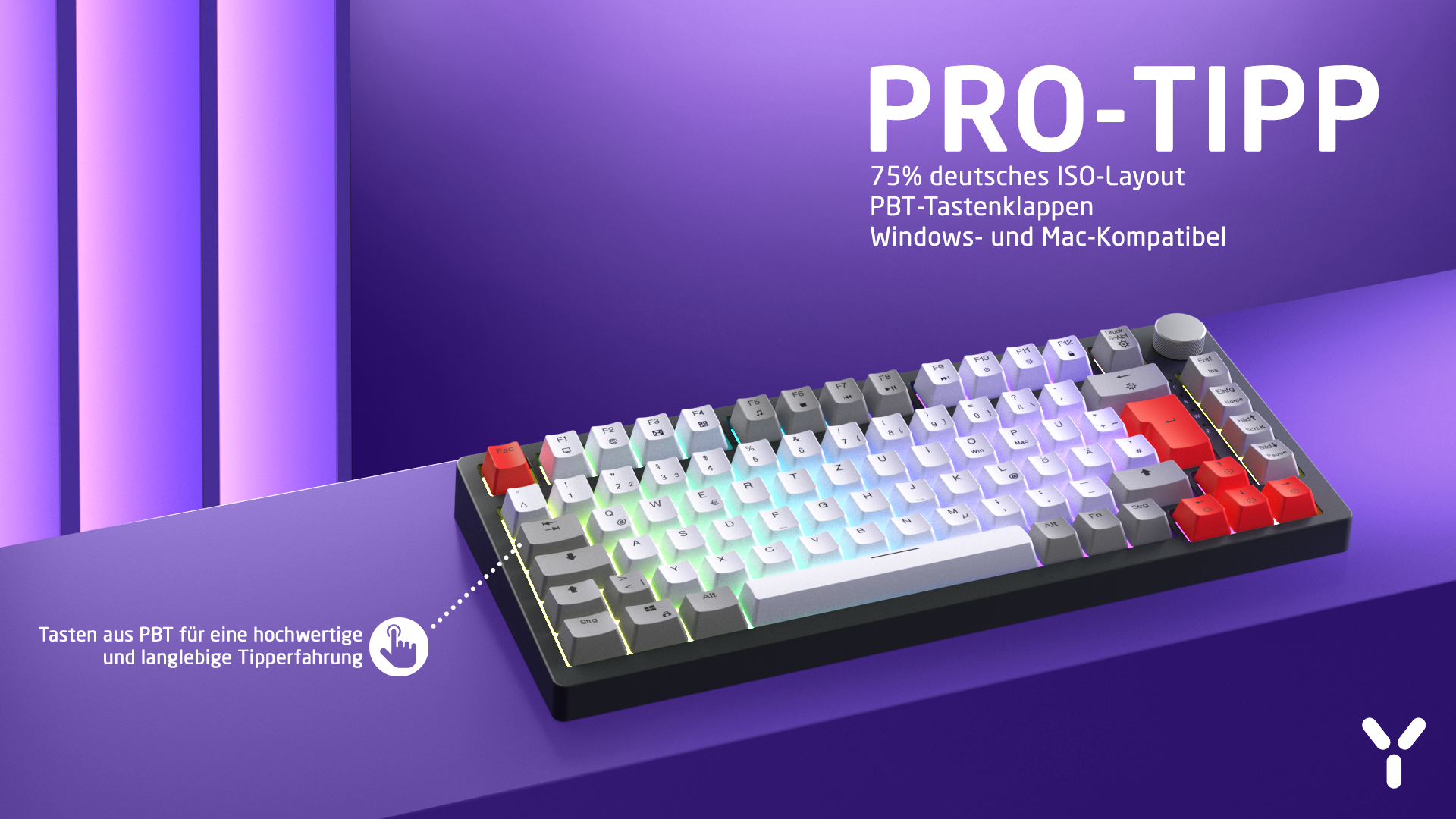 Eine weiße und schwarze Tastatur mit roten Tasten auf lila Hintergrund. Text: 'PRO-TIPP' beschreibt die Funktionen.
