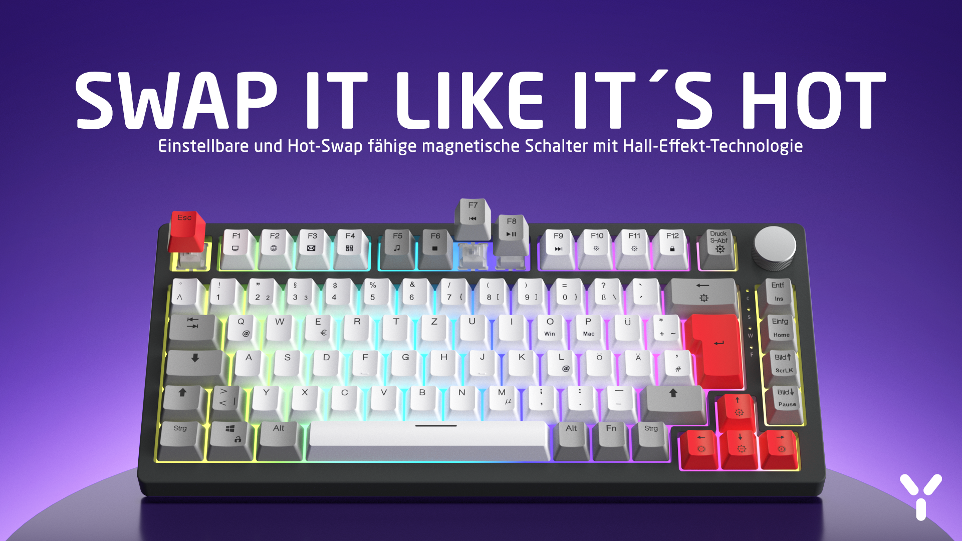 Eine Tastatur mit weißen Tasten und farbigen Akzenten. Text: SWAP IT LIKE IT'S HOT. Der Hintergrund ist lila.