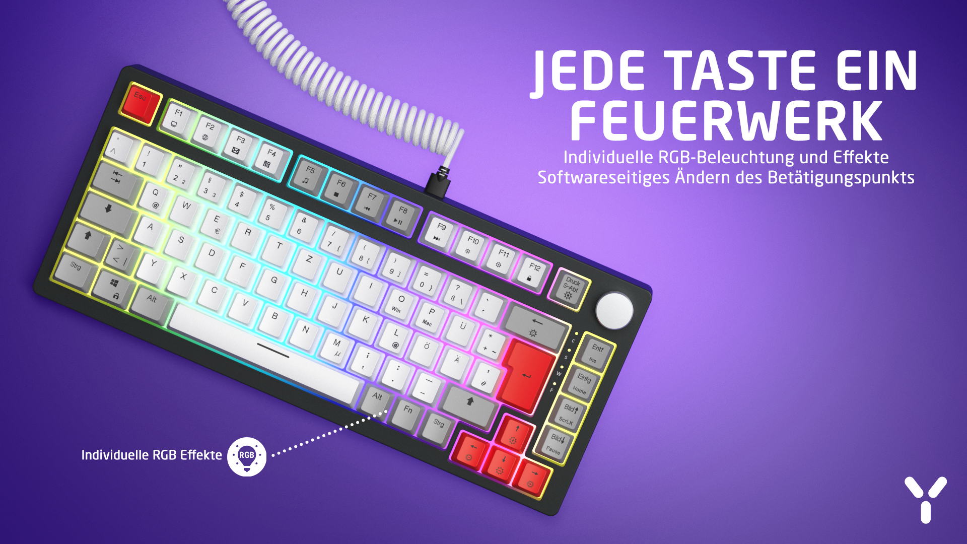 Tastatur mit beleuchteten Tasten auf lila Hintergrund. Text: 'Jede Taste ein Feuerwerk' und 'RGB-Effekte'.