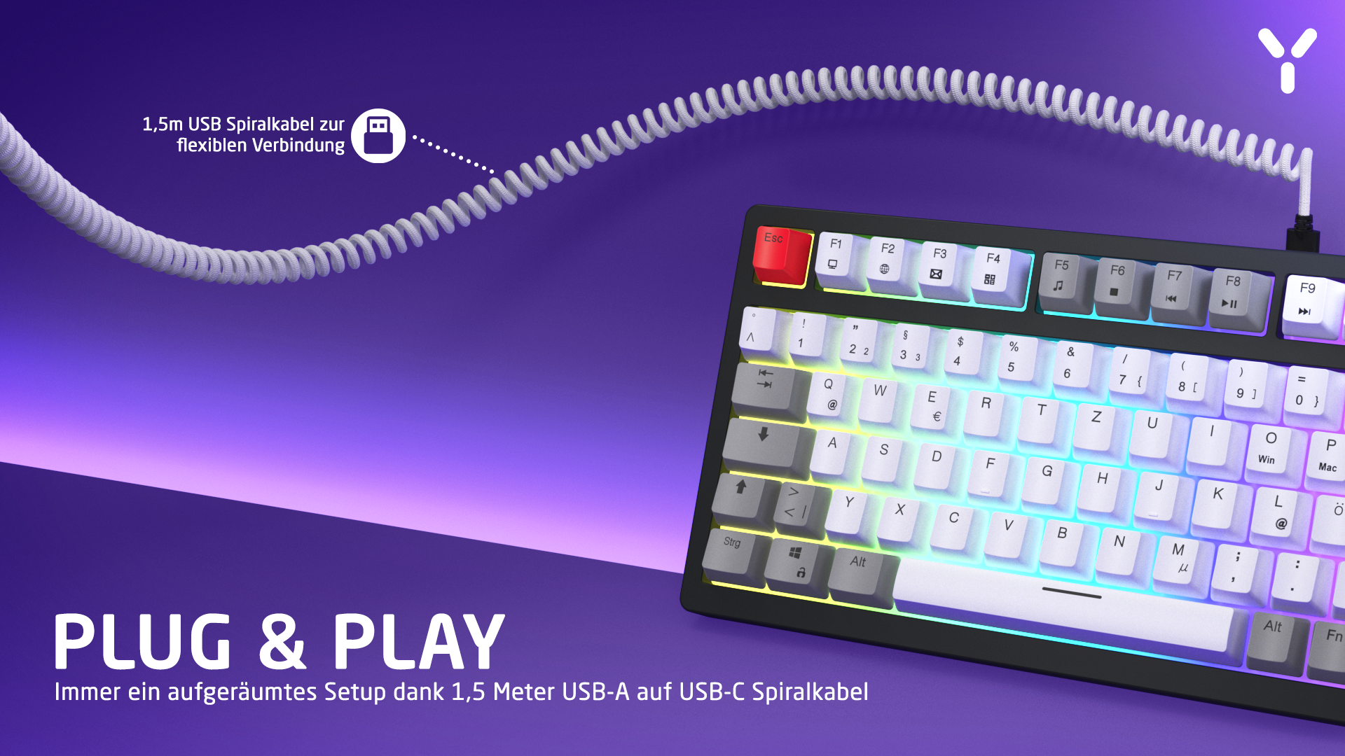 Eine weiße mechanische Tastatur mit roter Escape-Taste, verbunden durch ein spiralförmiges USB-Kabel. Der Hintergrund ist lila.