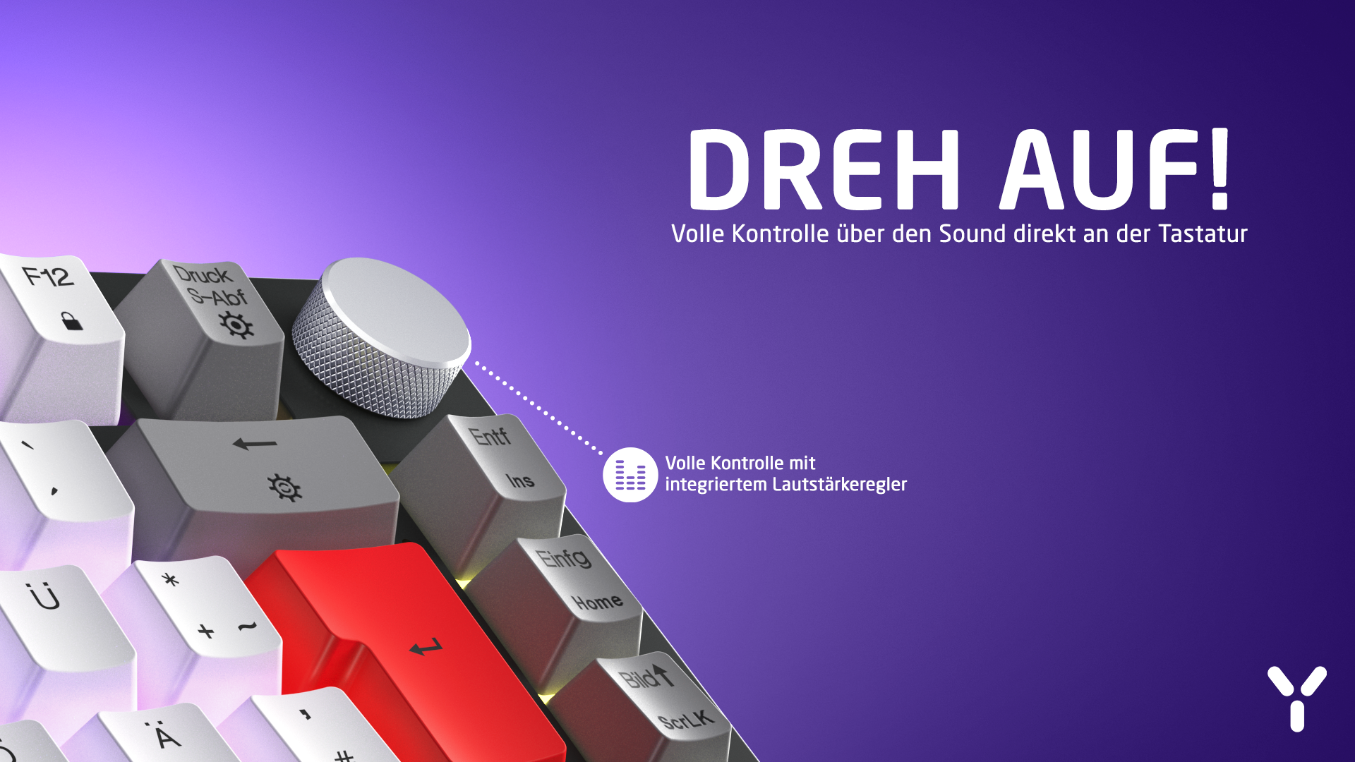 Tastatur mit Tasten, einschließlich einer roten Eingabetaste, Lautstärkeregelung und dem Wort 'DREH AUF!' auf lila Hintergrund.