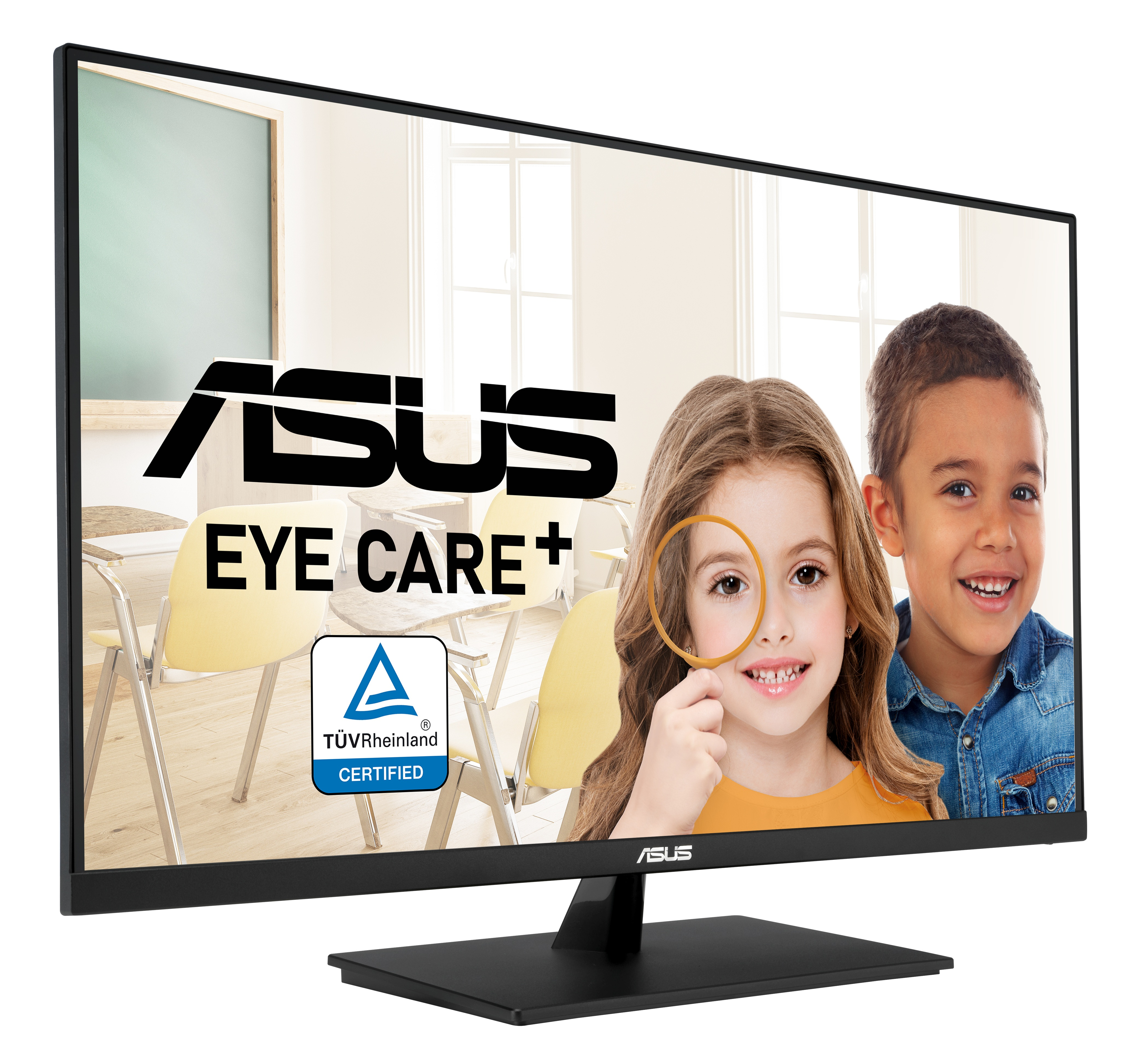 Monitor ASUS wyświetla dzieci z lupą, tło klasy. Wyświetlane jest logo Eye Care+ i logo TÜV.