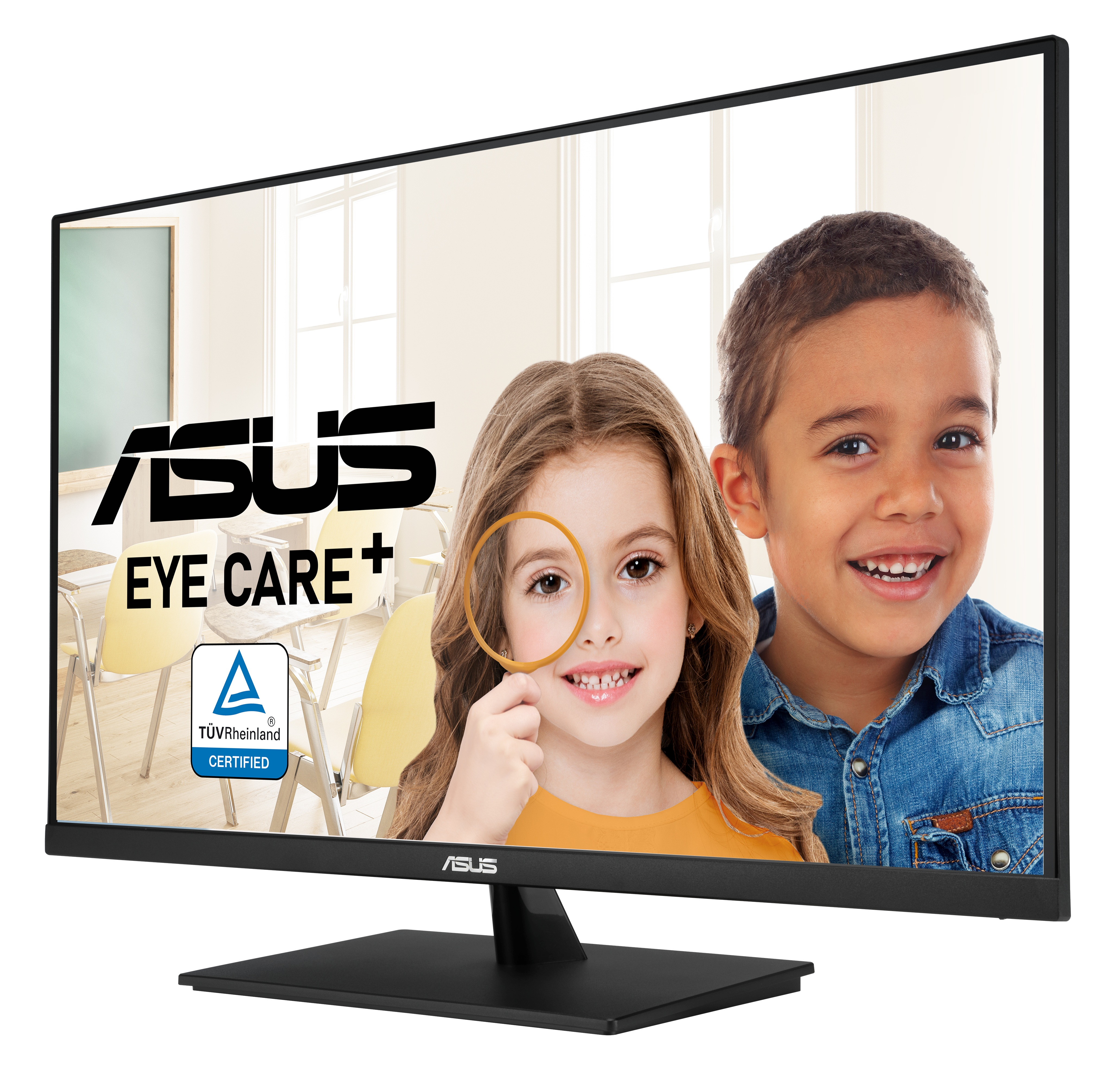 Monitor z dziećmi na ekranie. Dziewczyna trzyma lupę. Widoczne logo ASUS i tekst Eye Care+.