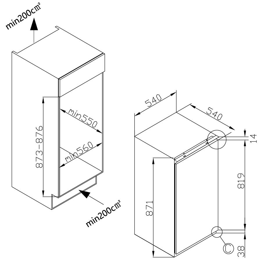 Diagramm von zwei schrankartigen Strukturen mit Maßangaben in Millimetern. Pfeile und Text zeigen Flächenanforderungen an.