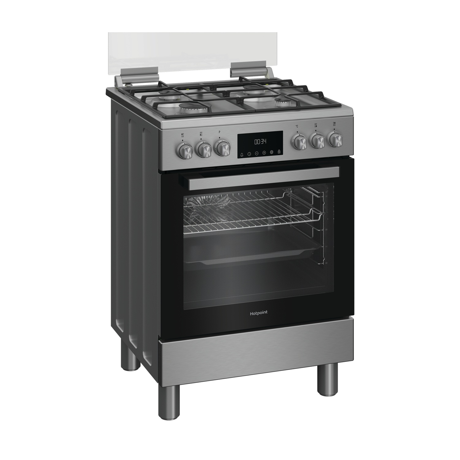 Un forno Hotpoint in acciaio inossidabile. Ha un piano cottura in vetro, quattro fuochi, manopole, display digitale e porta del forno.