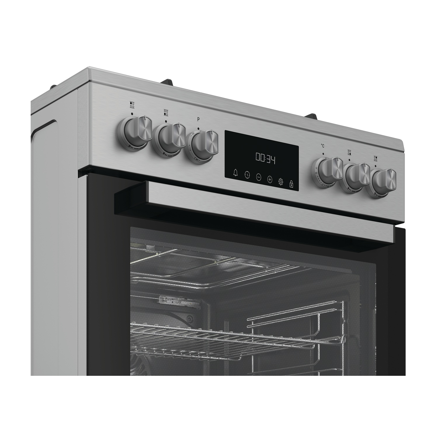 Un forno in acciaio inossidabile con un orologio digitale che mostra 00:34 e diverse manopole di controllo. La porta del forno è aperta, rivelando l'interno.