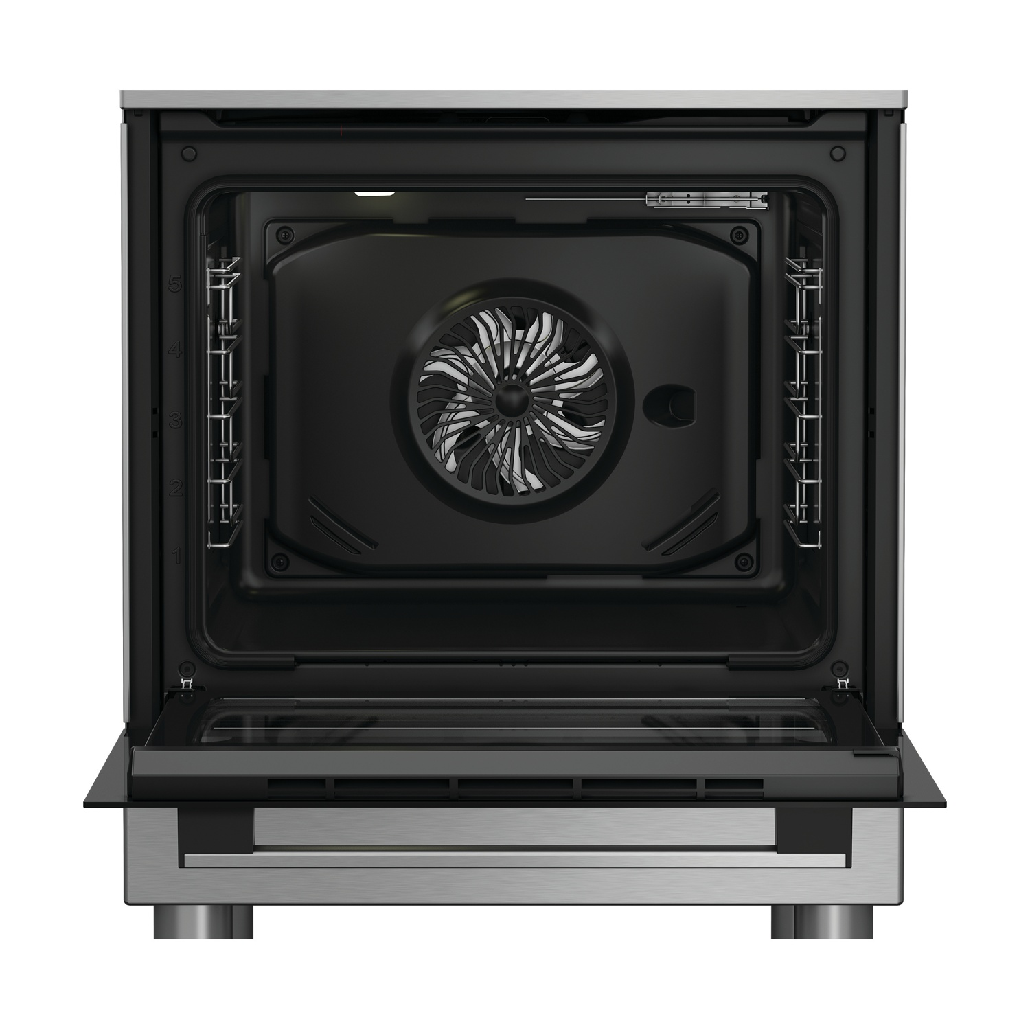 Forno aperto, acciaio inossidabile e nero. L'interno mostra ventola, griglie e luce. Porta a vetri aperta. Display digitale in alto.