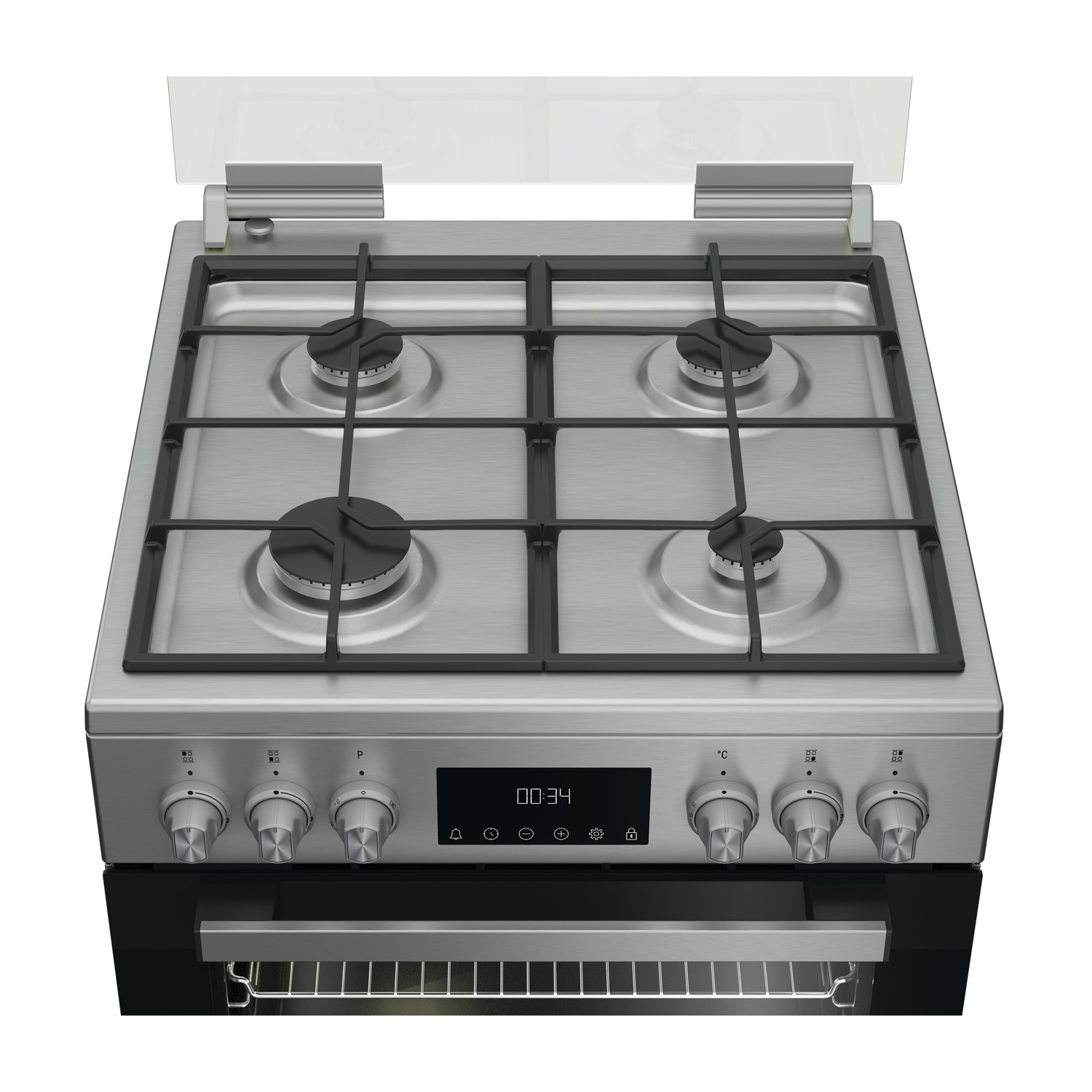 Un fornello a gas in acciaio inossidabile con quattro fuochi, display digitale e forno sottostante. Coperchio in vetro alzato.