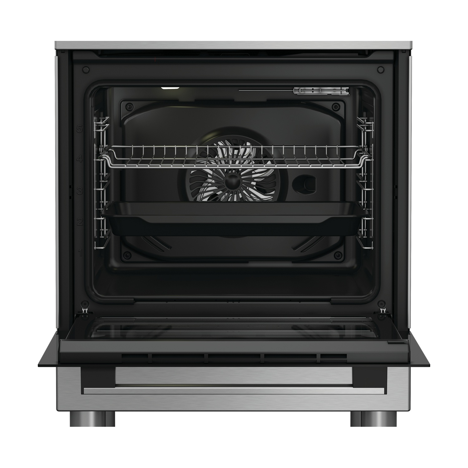 Forno aperto con telaio in acciaio inox, porta a vetro e interno con griglia, vassoio e ventola.