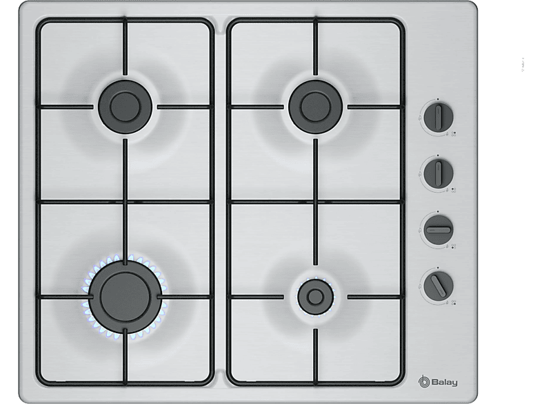 Placa de gas - Balay 3ETX464BB, 4 zonas, 26 cn Zona grande, Gas butano, 58 cm, Acero