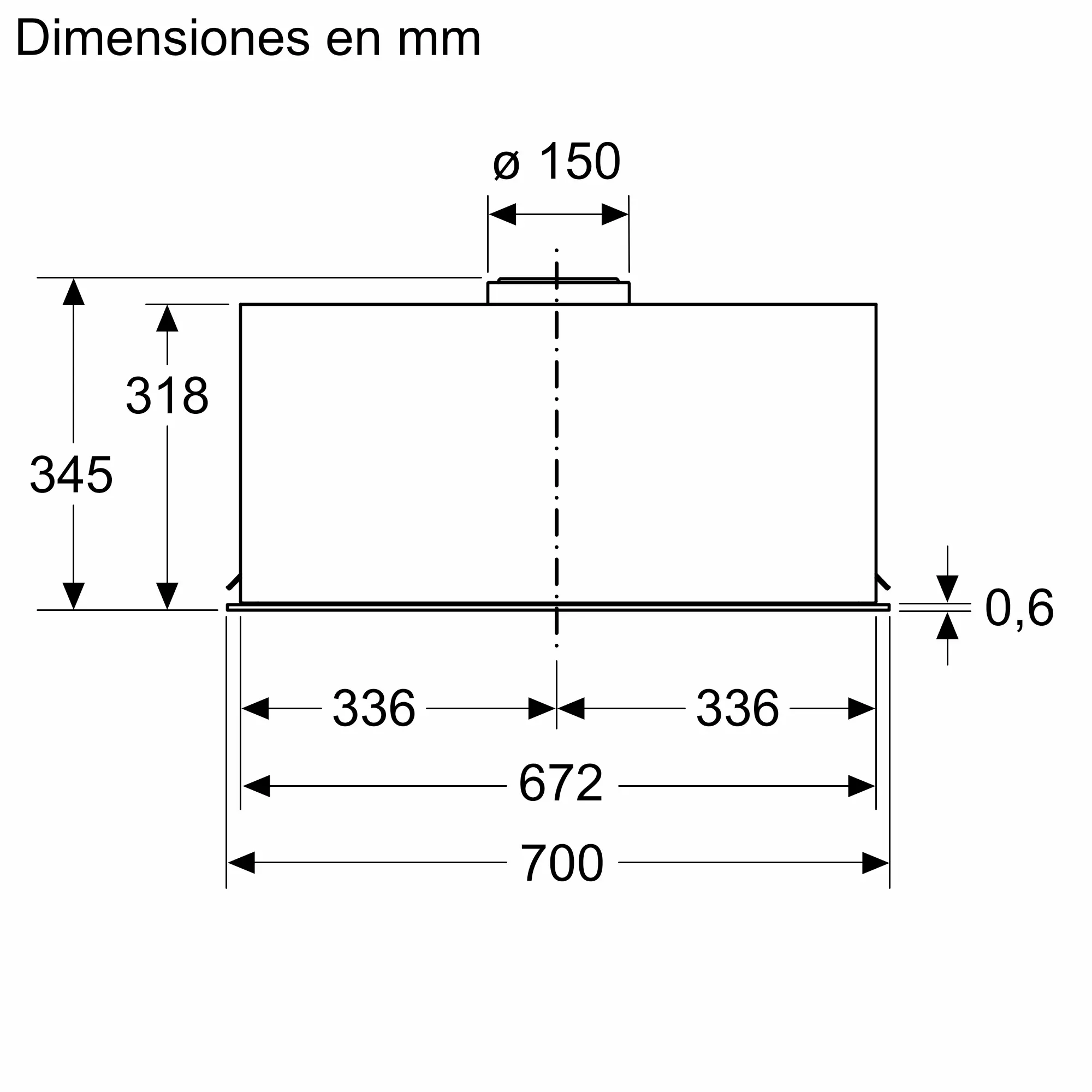 Diagrama que muestra dimensiones en mm de una forma rectangular. Las medidas incluyen altura, ancho y diámetro de un círculo.