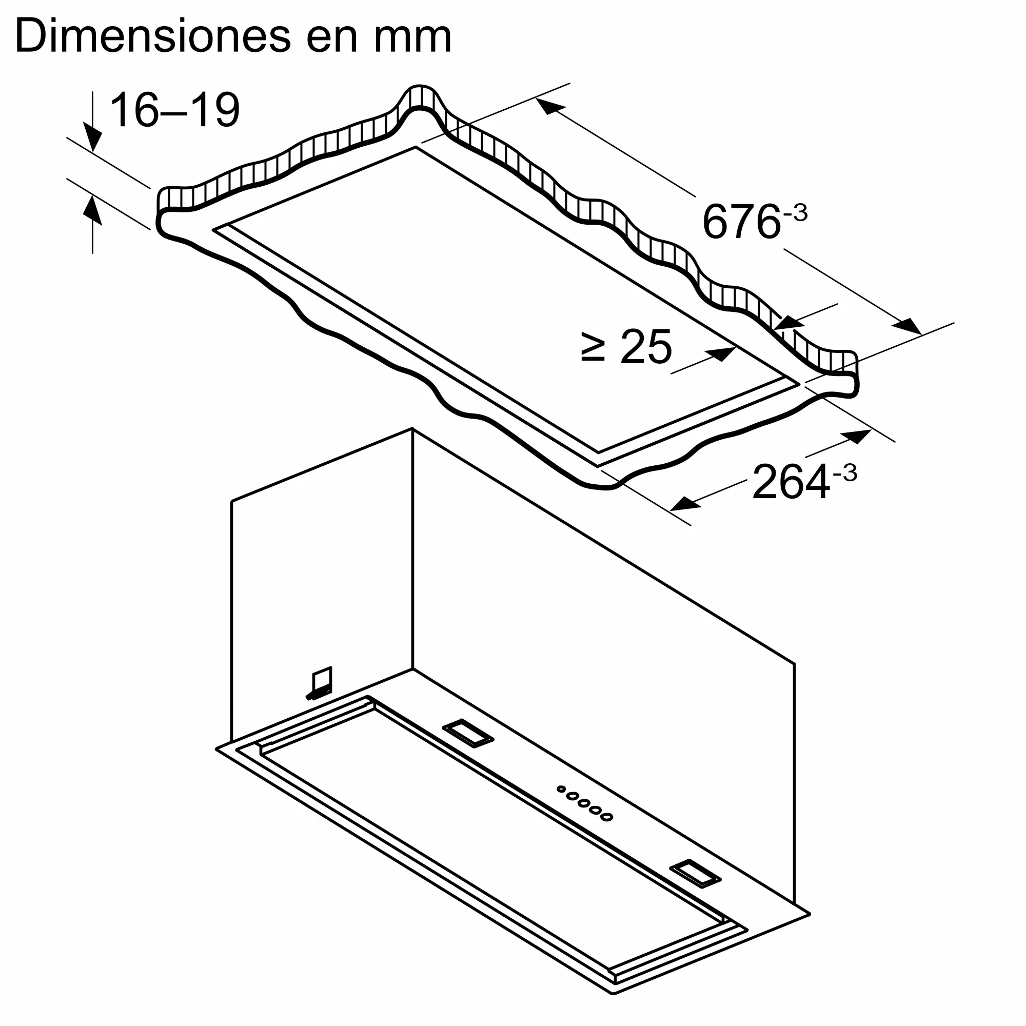 Diagrama de una campana extractora con dimensiones en mm. Muestra el tamaño y las dimensiones de instalación en líneas negras.
