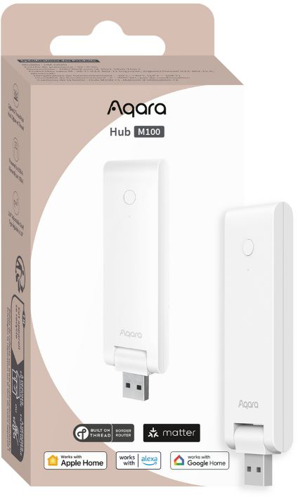 Aqara Hub M100 készülék csomagolásban, fehér, USB porttal. Működik az Apple Home, Alexa és Google Home rendszerrel.