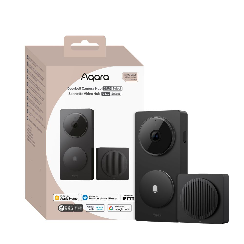 Aqara csengő kamera hub G410. Fekete kamera és hangszóró készlet dobozon. Kompatibilis az Apple Home, Alexa és Google Home-mal.