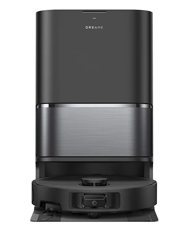 Czarny i srebrny robot odkurzający ze stacją dokującą. Marka DREAME znajduje się na górnej części.