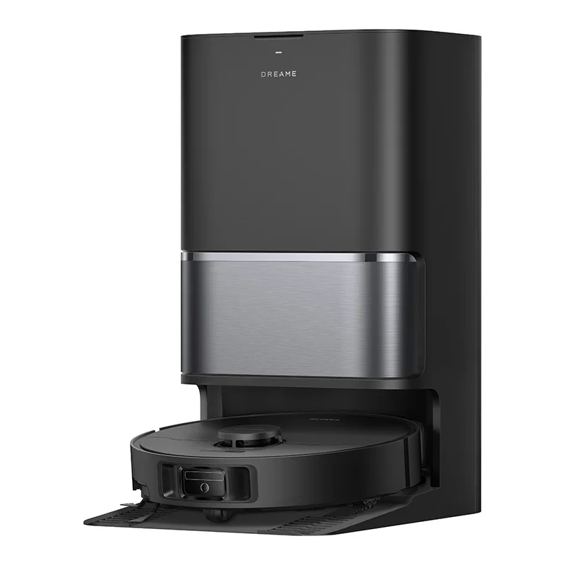 Czarny robot odkurzający Dreame ze stacją ładującą. Odkurzacz jest okrągły, a stacja prostokątna.