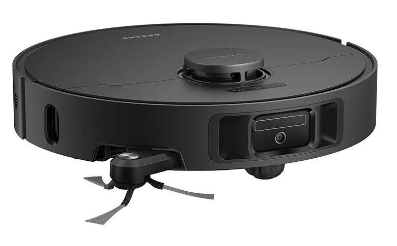 Czarny, okrągły robot odkurzający z centralnym czujnikiem, szczotkami bocznymi i przednią kamerą. Na białym tle.