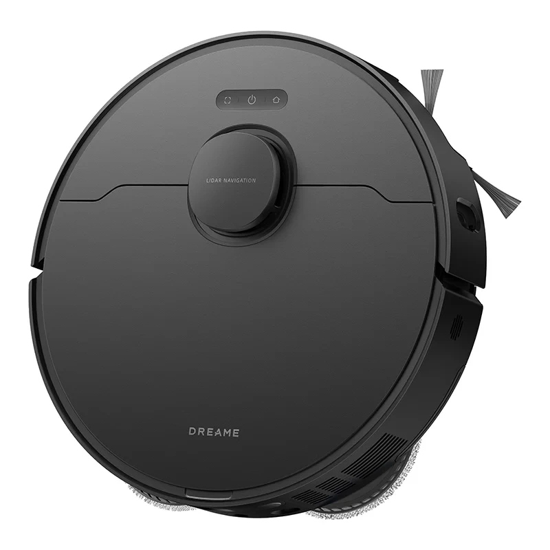 Czarny robot sprzątający Dreame. Ma okrągły kształt z centralnym modułem nawigacji LiDAR i przyciskiem zasilania.