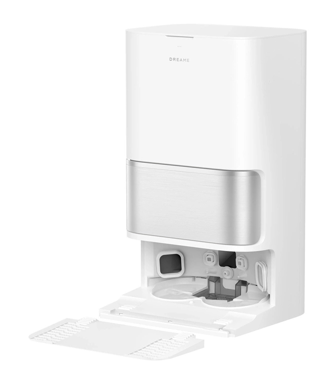 Biała stacja dokująca robota sprzątającego Dreame. Posiada główny korpus z srebrnymi i białymi sekcjami oraz otwartą dolną tacę.