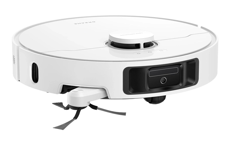 Biały robot odkurzający z czarnym obszarem czujnika i dwiema szczotkami. Na górze okrągły kształt i nazwa marki DREAM.