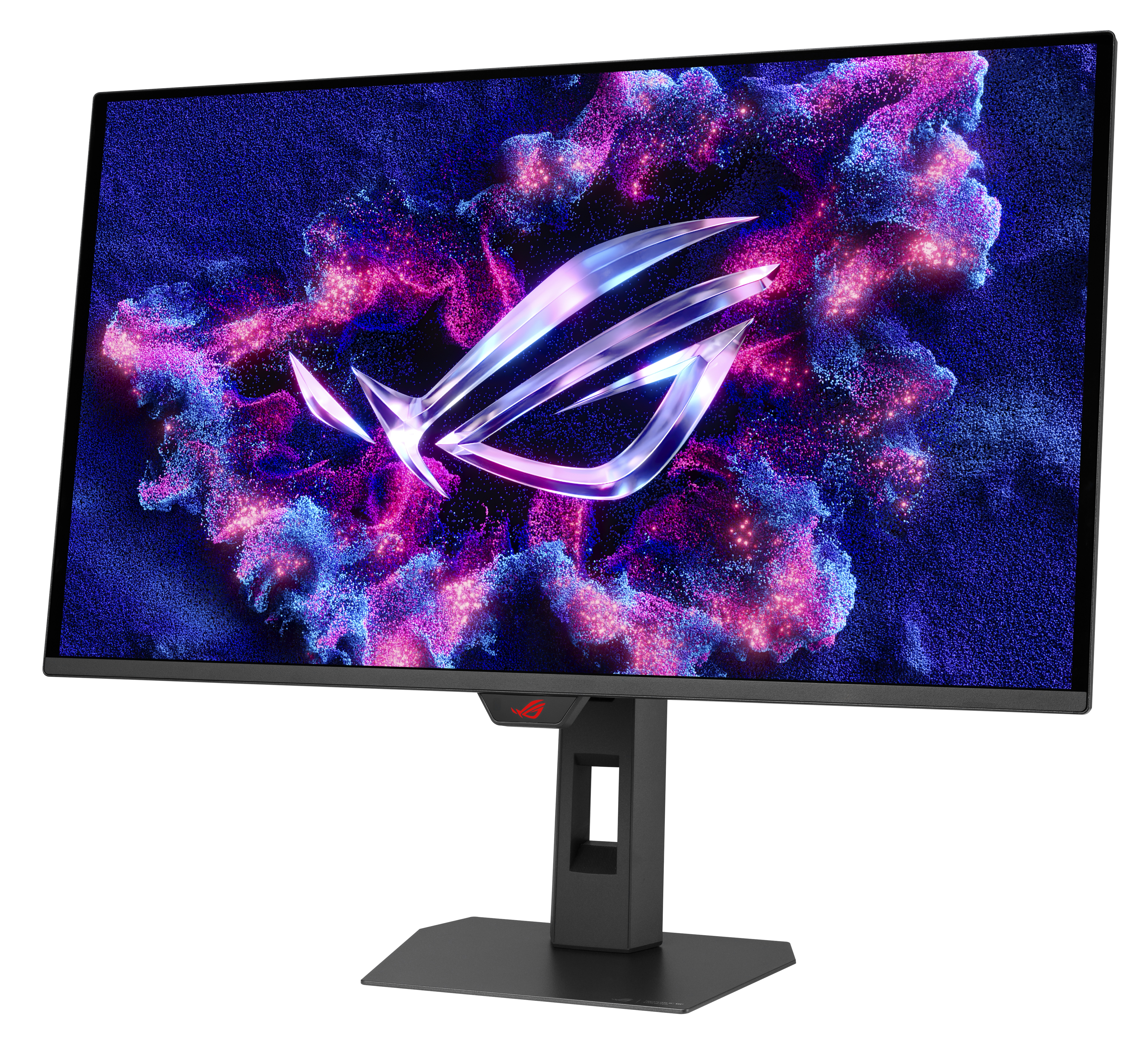 Monitor komputera wyświetla kolorowy abstrakcyjny obraz. Ekran jest zamontowany na czarnym stojaku. Widoczne jest logo ROG.