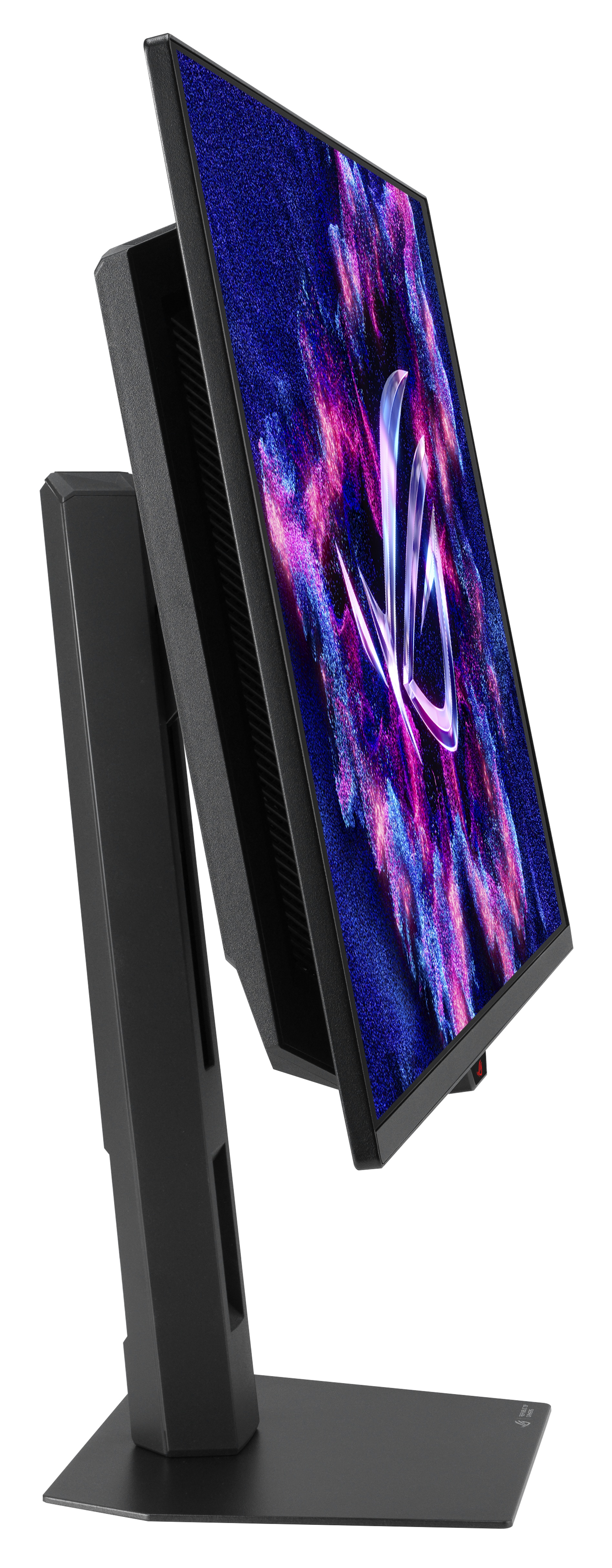 Czarny monitor komputera, pod kątem, wyświetla kolorowe logo na wzorzystym tle.