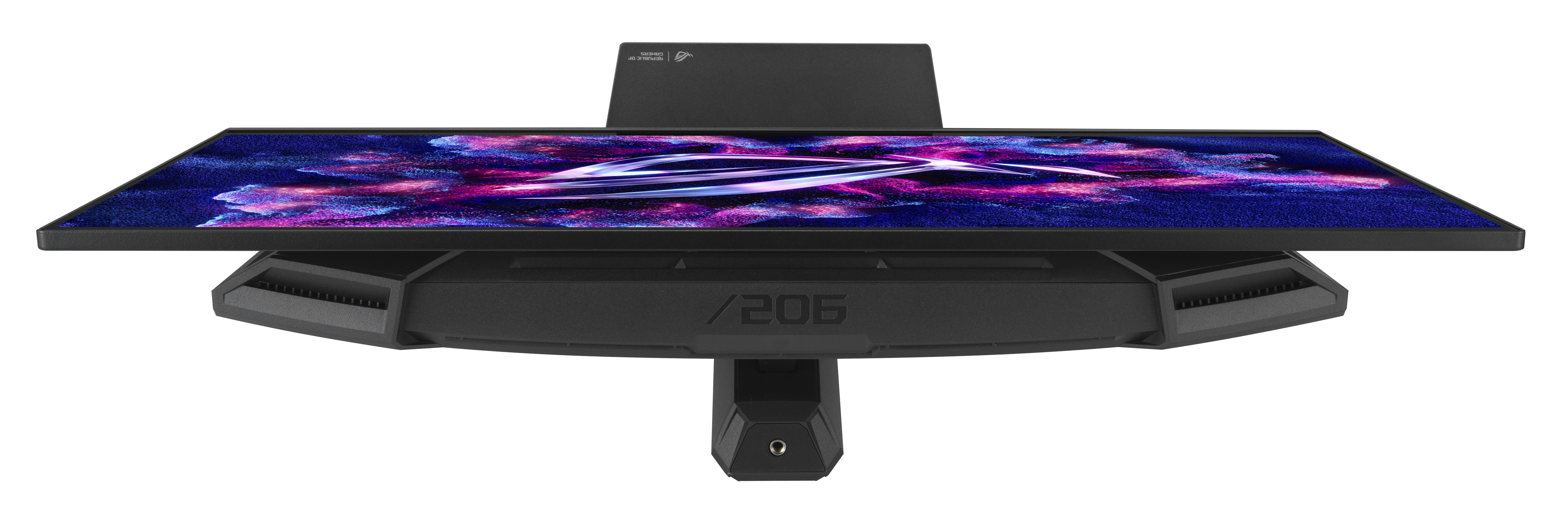 Czarny monitor komputera, widok z góry, wyświetla kolorowy, abstrakcyjny obraz. Na podstawie tekst '/206'.