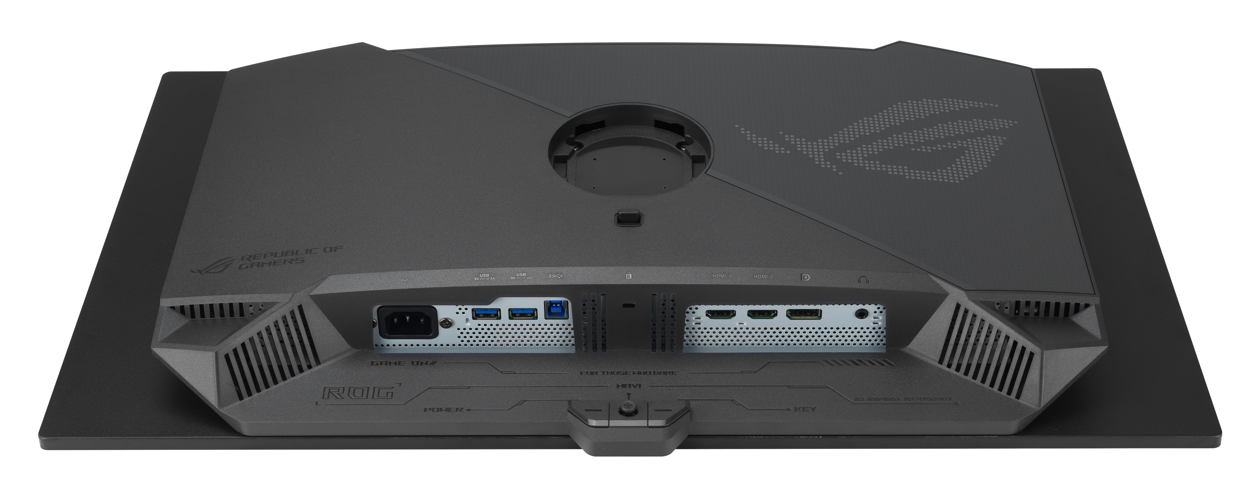 Tył czarnego monitora dla graczy z portami i logo. Tekst zawiera ROG, Republic of Gamers i porty HDMI.