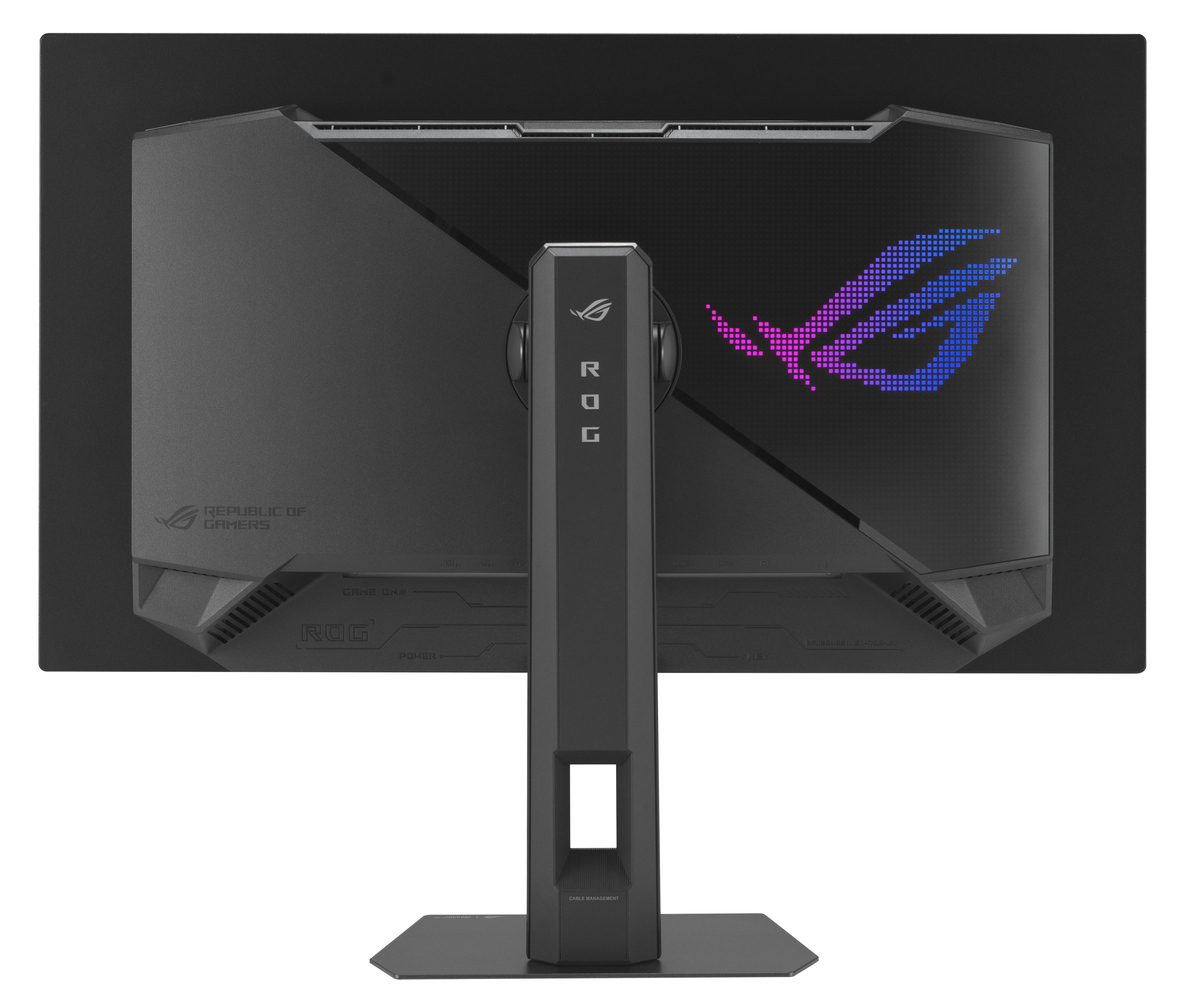 Tył czarnego monitora gamingowego z logo ROG, podstawą i tekstem Republic of Gamers.
