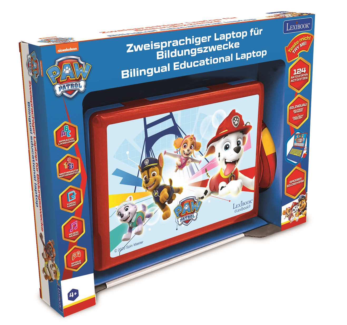 Ein zweisprachiger Paw Patrol Lernlaptop in einer Box, mit den Charakteren auf dem Bildschirm und der Box.