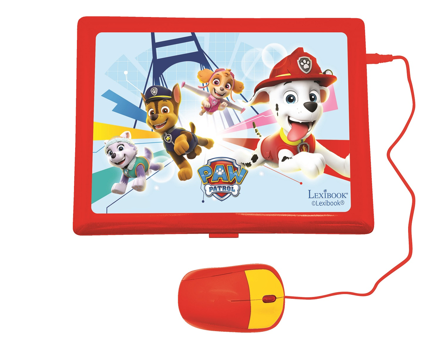 Rotes Lexibook mit Paw Patrol-Charakteren. Chase, Skye, Marshall und Everest sind auf dem Bildschirm. Eine rote Maus mit gelb ist unten.