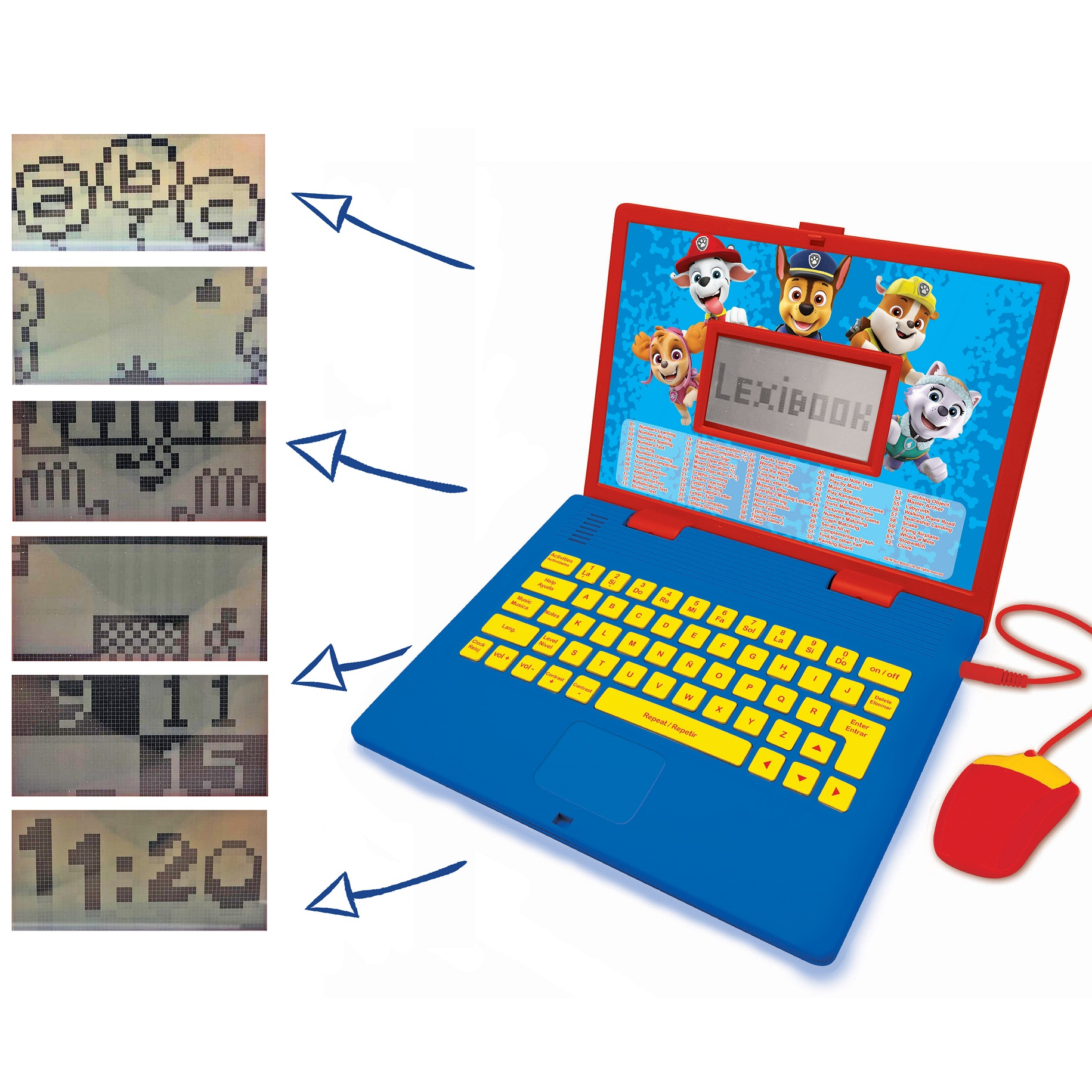 Blauer und roter Paw Patrol Laptop-Spielzeug mit gelben Tasten, einer roten Maus und einem Bildschirm mit Paw Patrol-Figuren.