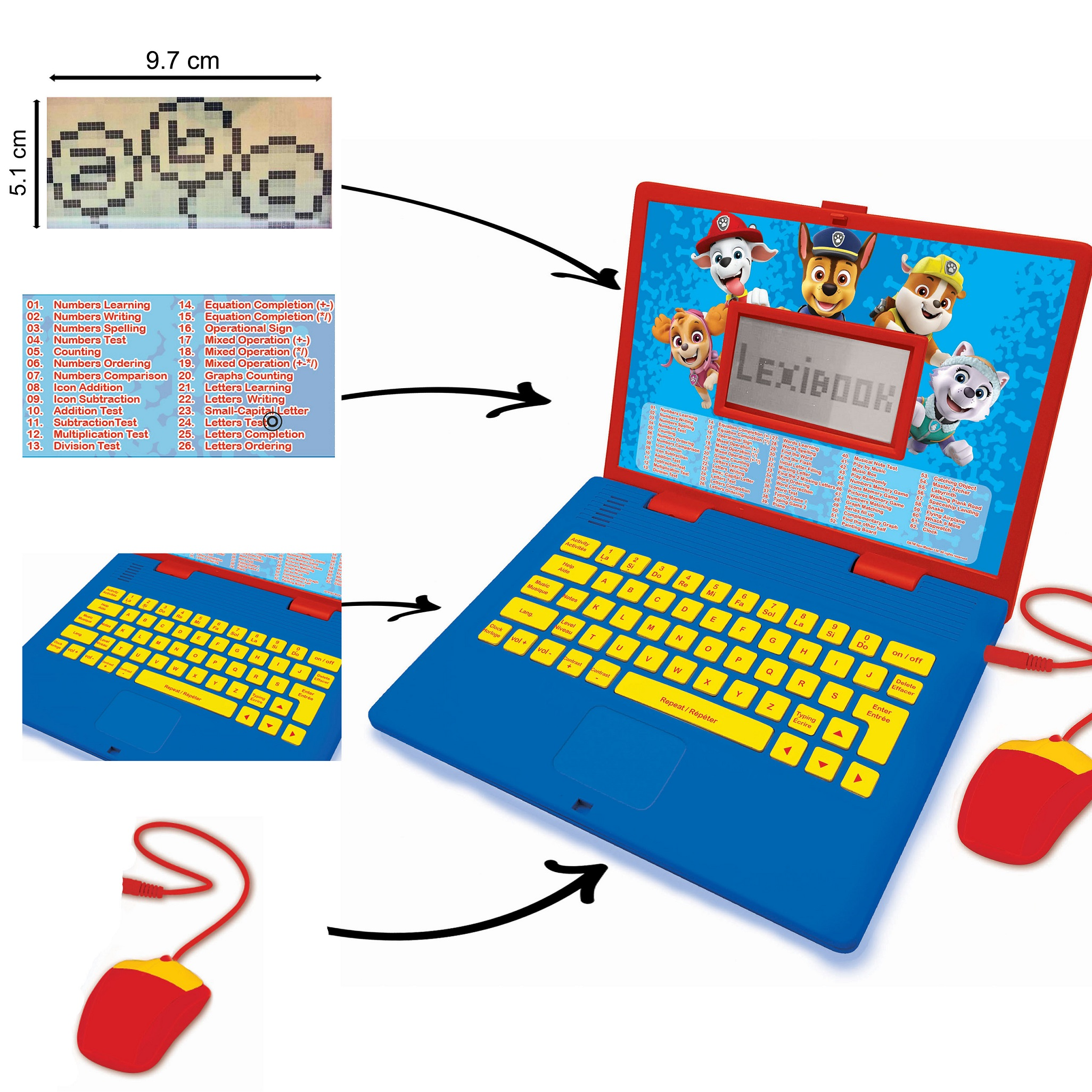 Blauer Laptop-Spielzeug mit Tastatur, Bildschirm mit Paw Patrol, roter Maus. Gelbe Tasten.