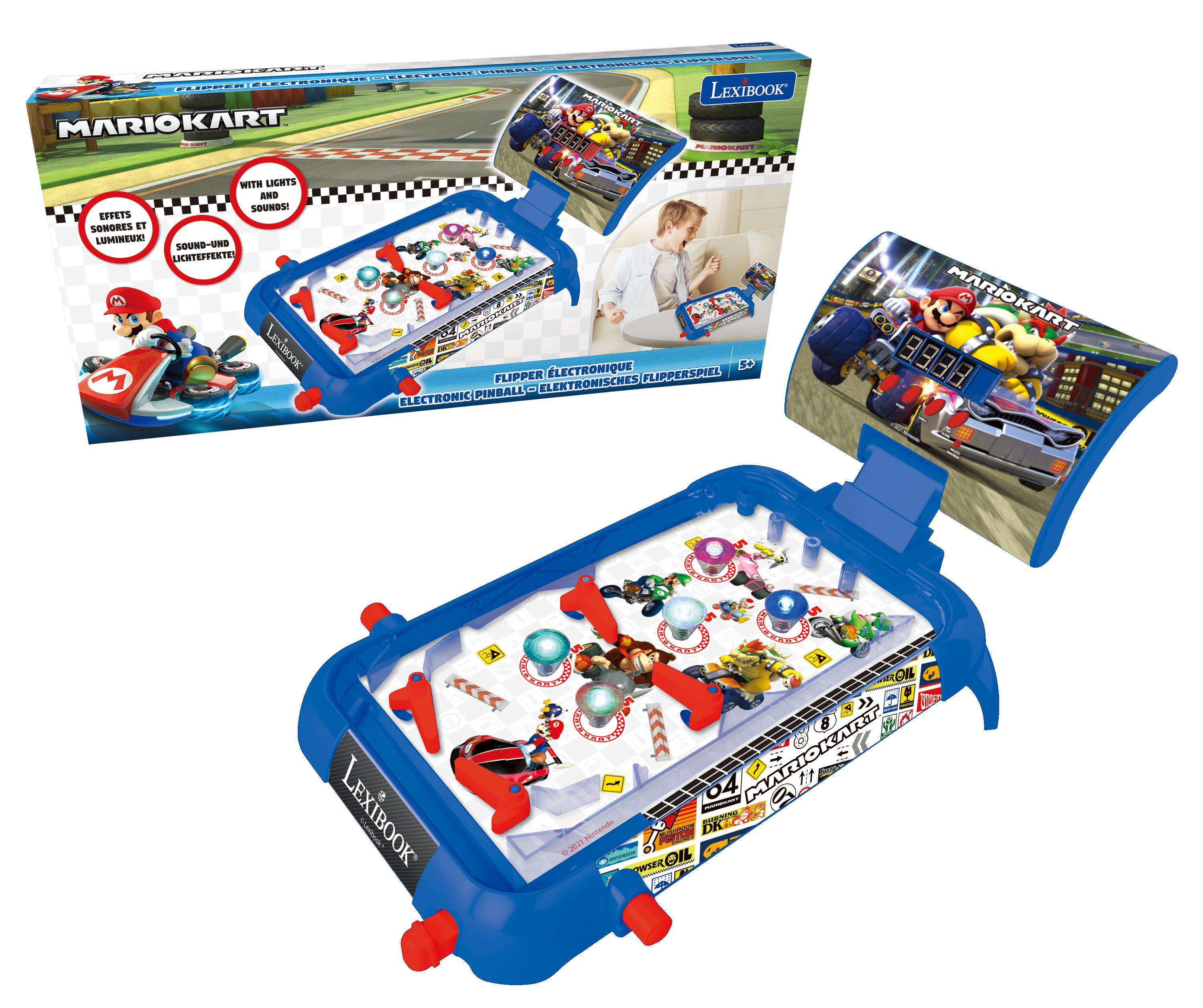 Ein blaues Mario Kart elektronisches Flipper-Spiel mit Mario-Charakteren und einem Rennstrecken-Design.