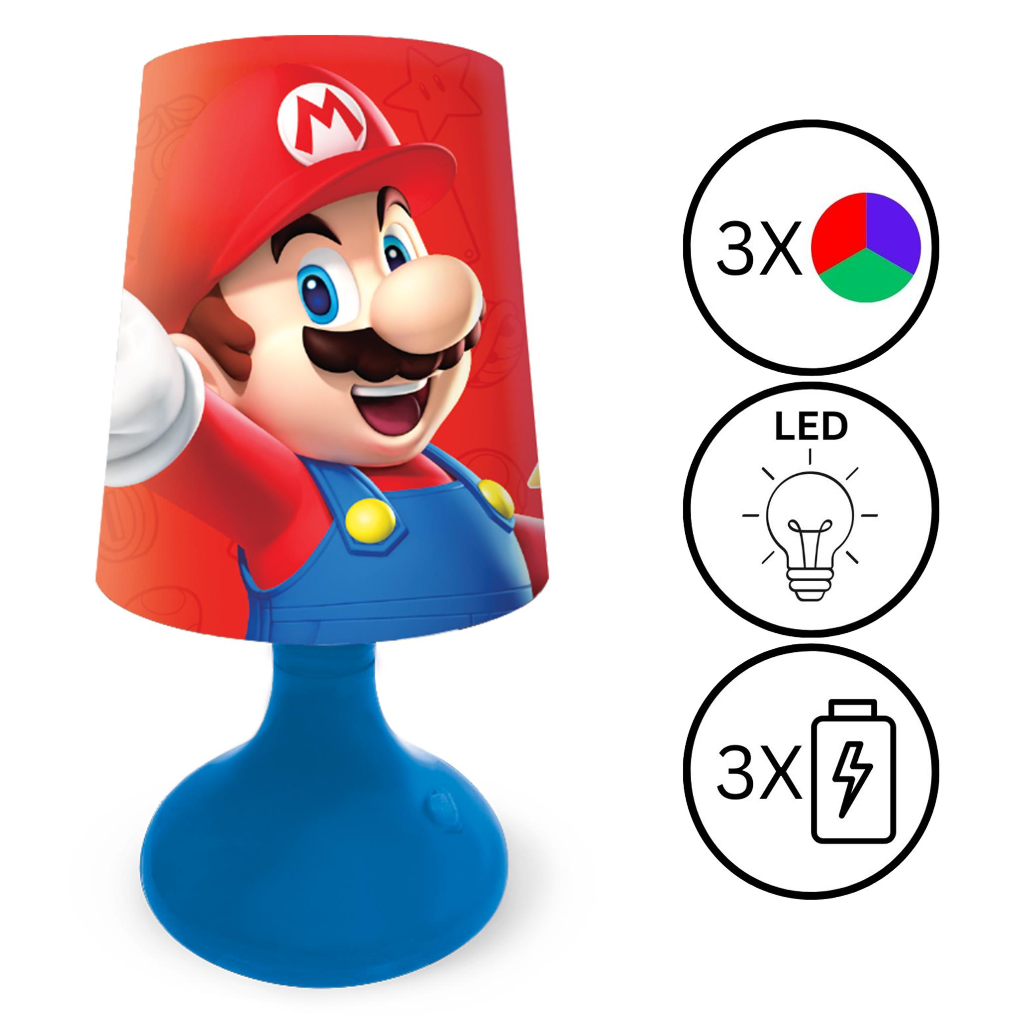 Eine Mario-Lampe mit rotem Schirm und blauem Fuß. Sie hat drei Symbole, die Farben, LED-Licht und Batterien zeigen.