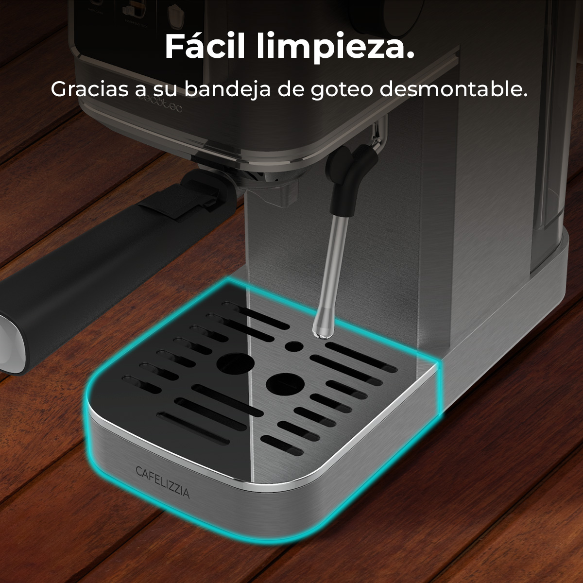 Una máquina de espresso con una bandeja de goteo extraíble, resaltada en azul. El texto dice 'Fácil limpieza. Gracias a su bandeja de goteo'.