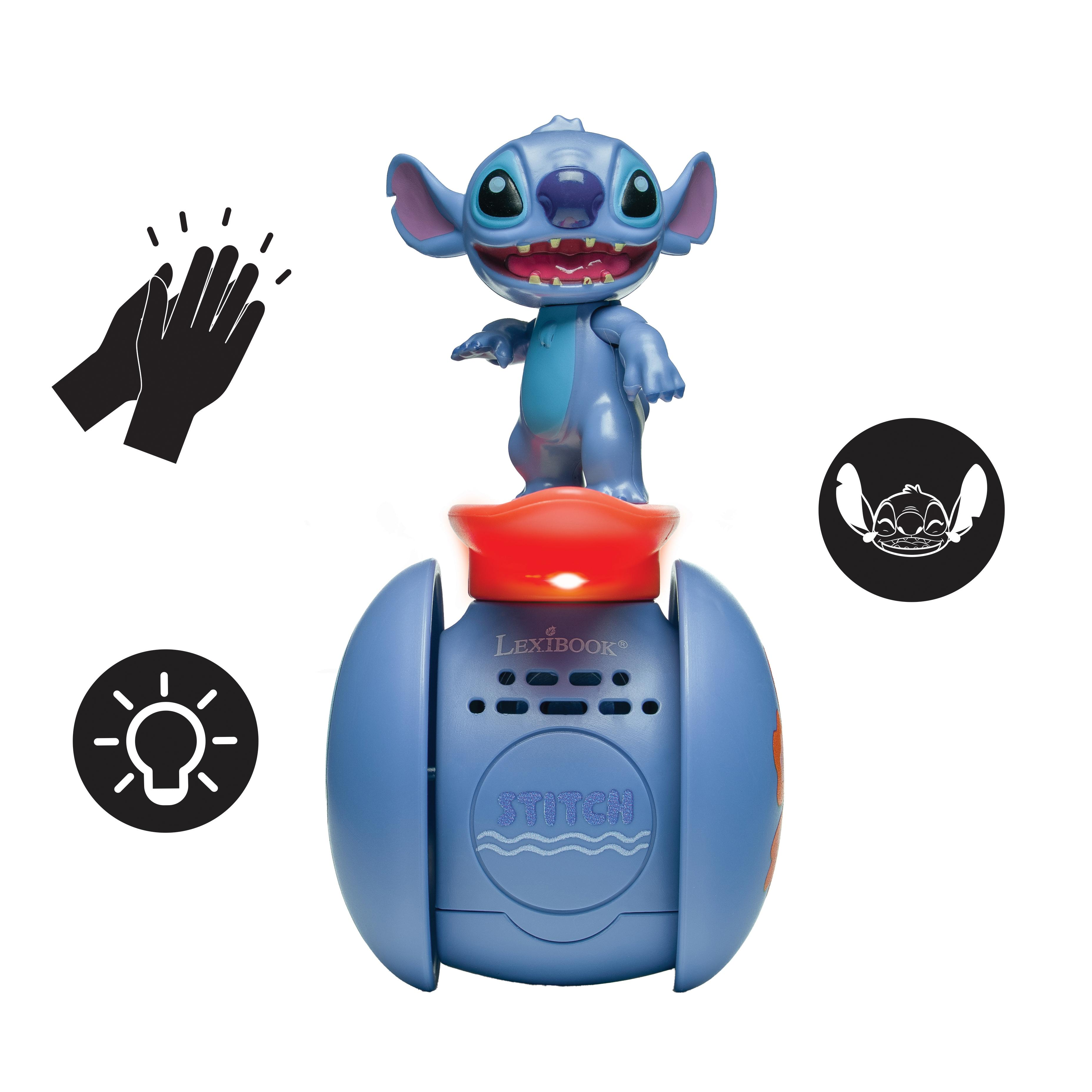 Ein blaues Stitch-Spielzeug sitzt auf einer blauen Basis. Icons von klatschenden Händen, einer Glühbirne und Stitchs Gesicht umgeben es.