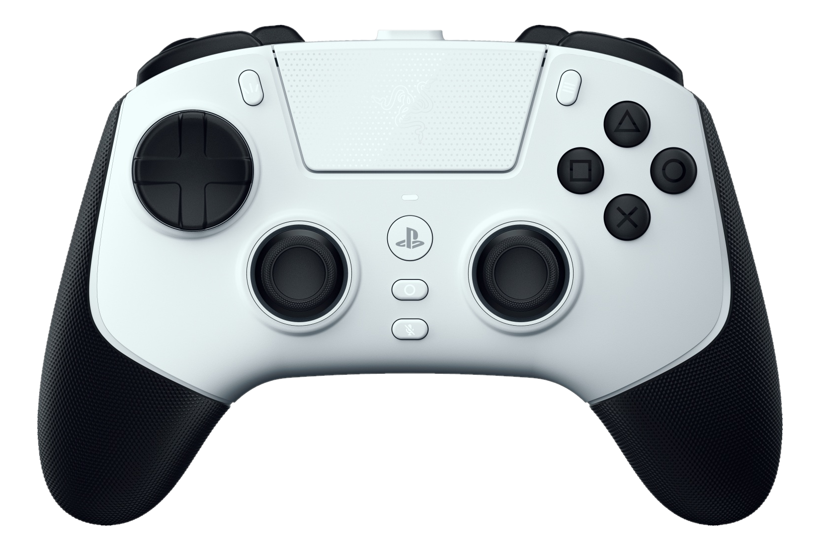 Weiß-schwarzer Gamecontroller. Er hat Knöpfe, Analogsticks und ein Touchpad. Razer-Logo in der Mitte.