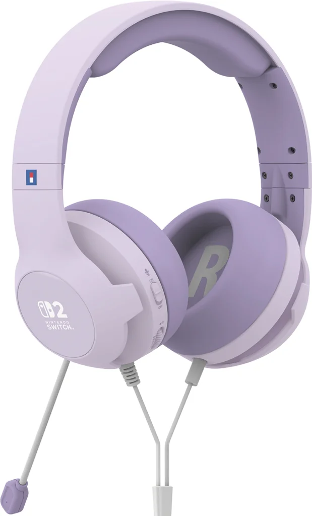 Lavendelfarbenes Nintendo Switch-Headset mit Mikrofon. Verfügt über Ohrmuscheln, ein Kopfband und eine Lautstärkeregelung.