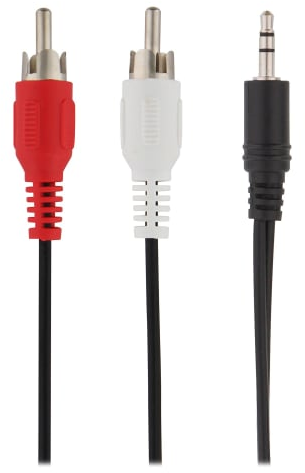 Trois câbles audio : RCA rouge, RCA blanc et prise jack 3,5 mm noire, avec fils noirs et connecteurs argentés, sur fond blanc.