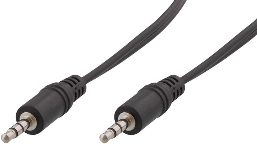 Deux câbles audio noirs avec des prises jack 3,5 mm. Les connecteurs sont argentés et les câbles noirs, sur fond blanc.